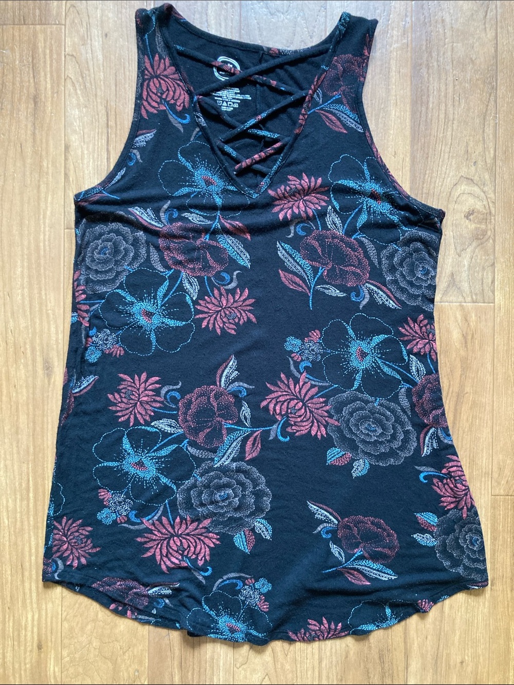 Maurices Black Floral Crisscross Tank Top with Pink & Blue Accents size Medium